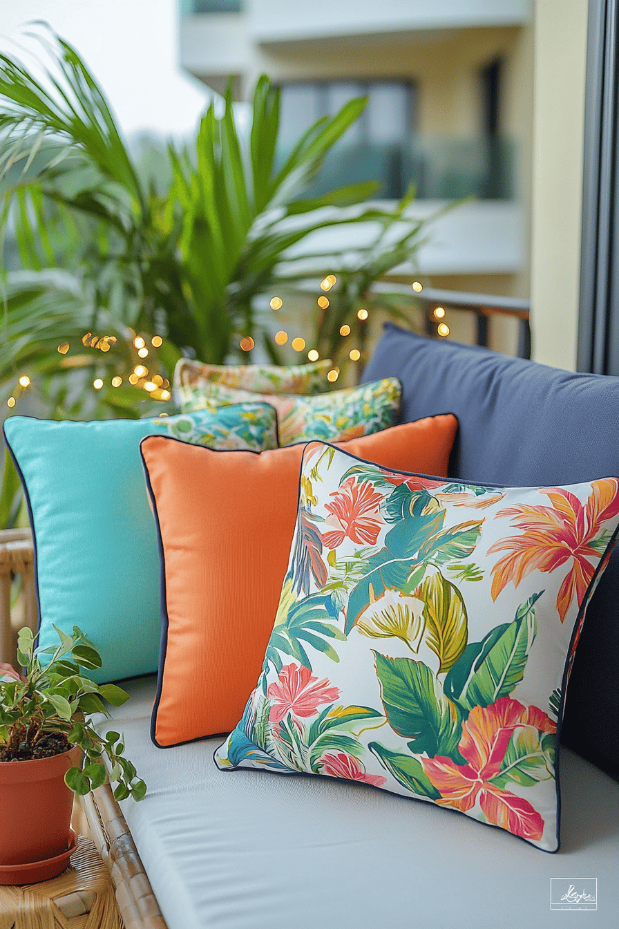 Eine Reihe bunter Designer-Kissen auf einem Balkon-Sofa, umgeben von Pflanzen.