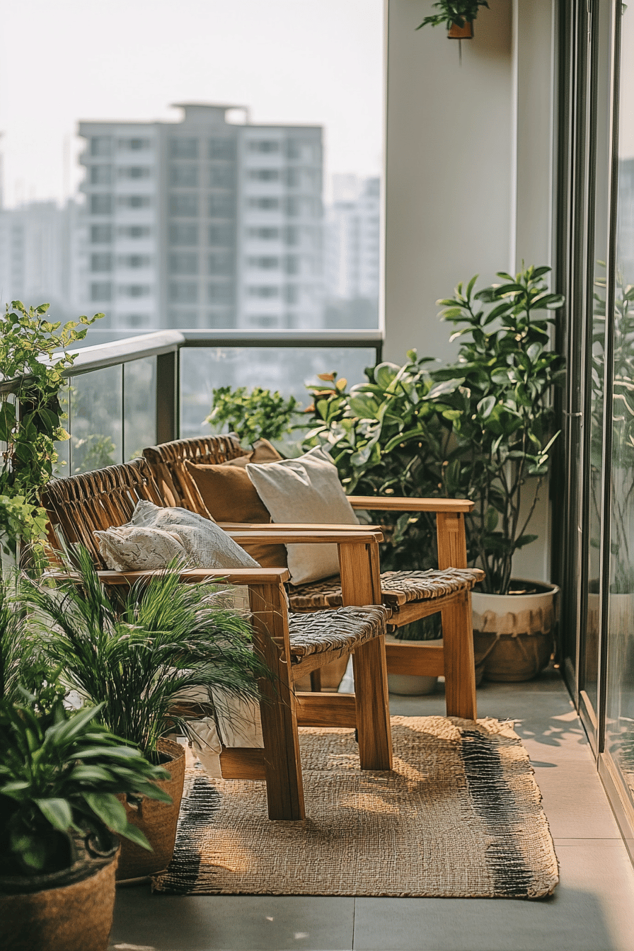 Ein großer Balkon mit Holzmöbeln und vielen Pflanzen, die eine gemütliche Atmosphäre schaffen.