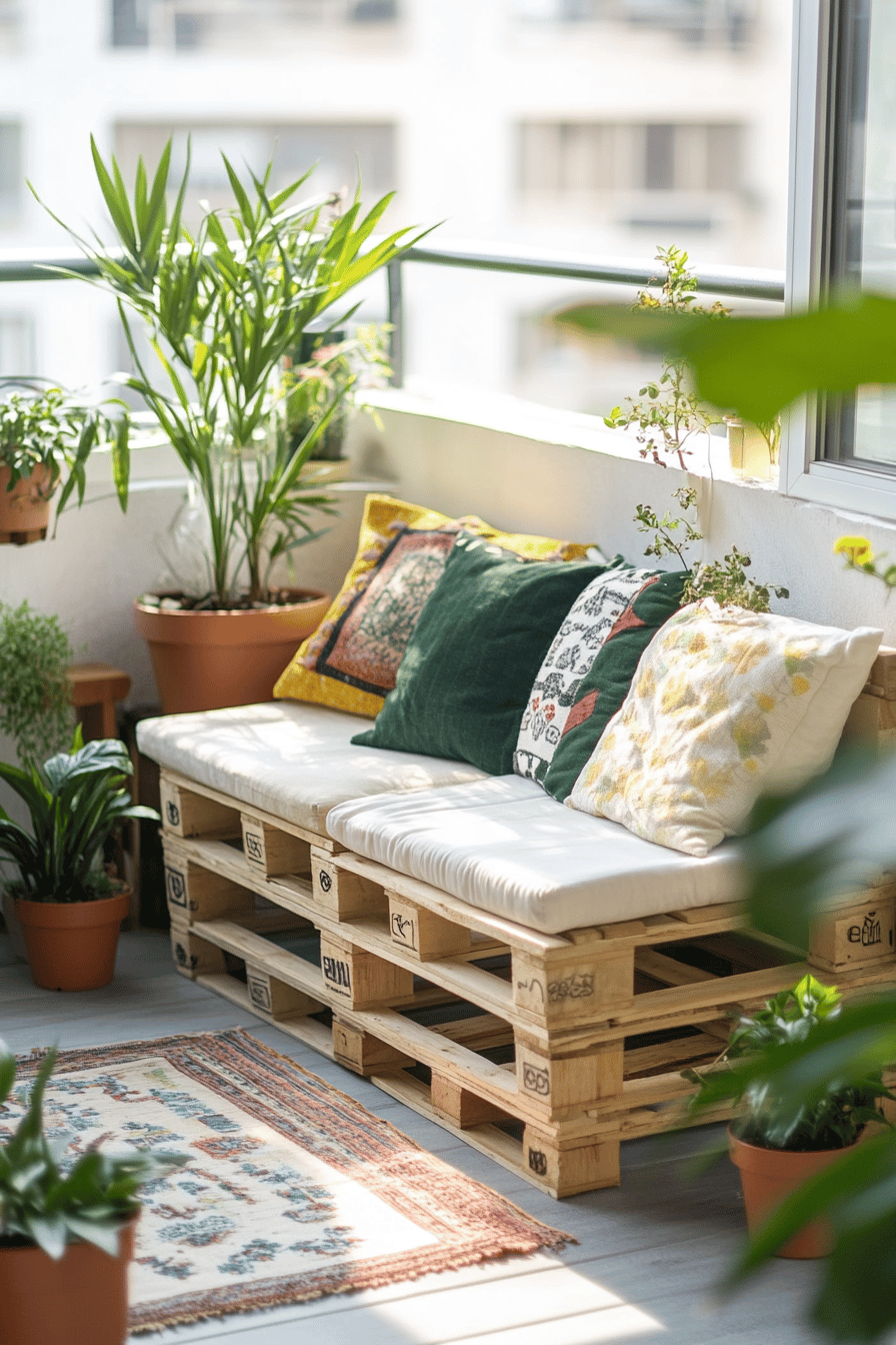 Ein Balkon mit Möbeln aus Holzpaletten, dekoriert mit bunten Kissen und umgeben von grünen Pflanzen.