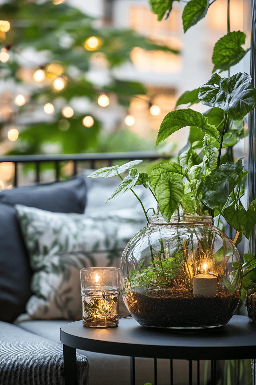 Ein stilvoll dekorierter Balkon mit einem großen Terrarium und Beleuchtung.