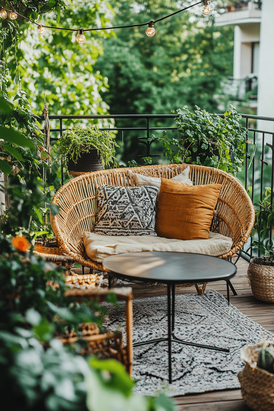 Ein Balkon mit einem Mix aus Vintage-Möbeln und modernen Elementen, dekoriert mit Pflanzen und Lichterketten.