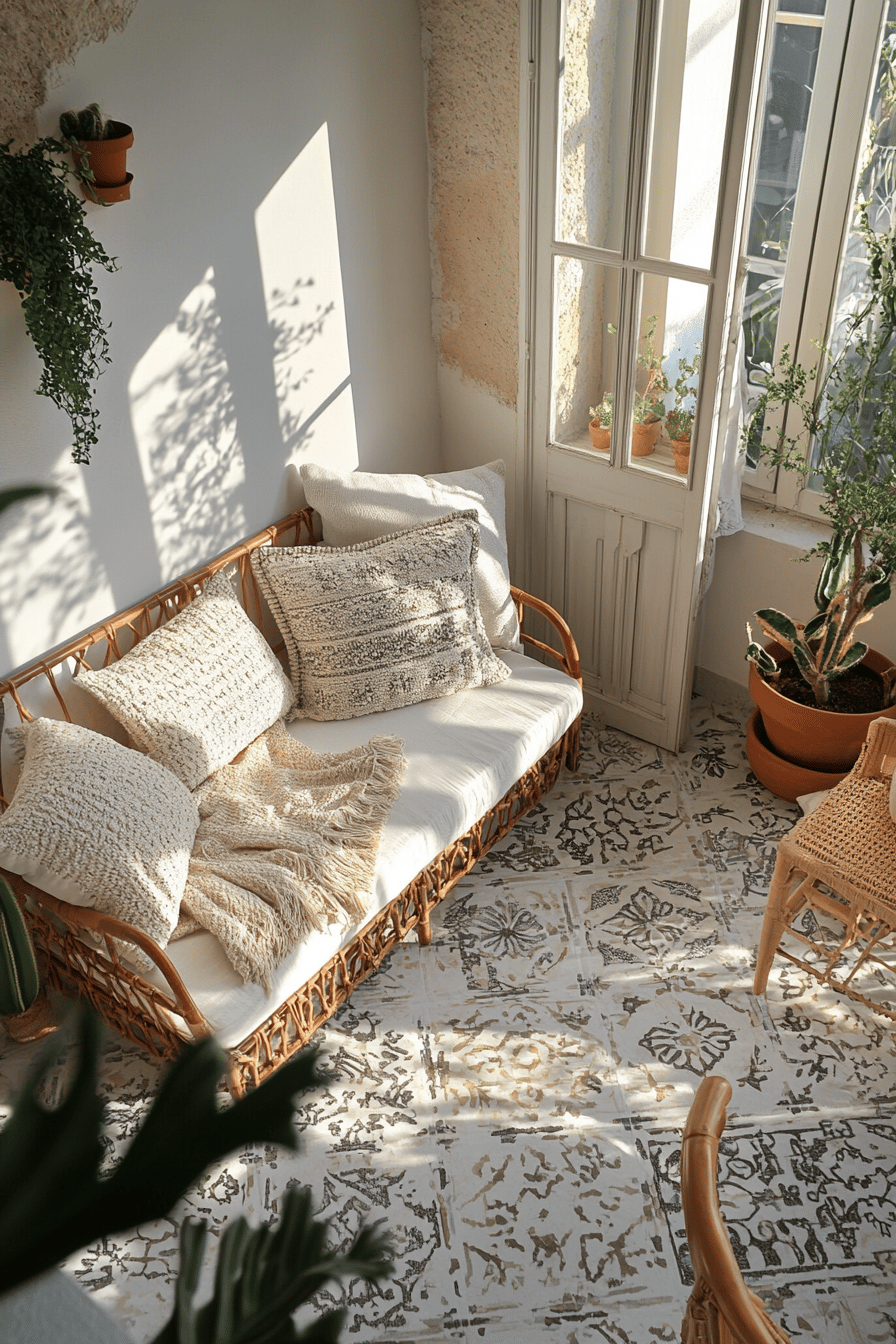 Ein kleiner Balkon mit gemustertem Bodenbelag, Rattan-Sofa und Pflanzen.