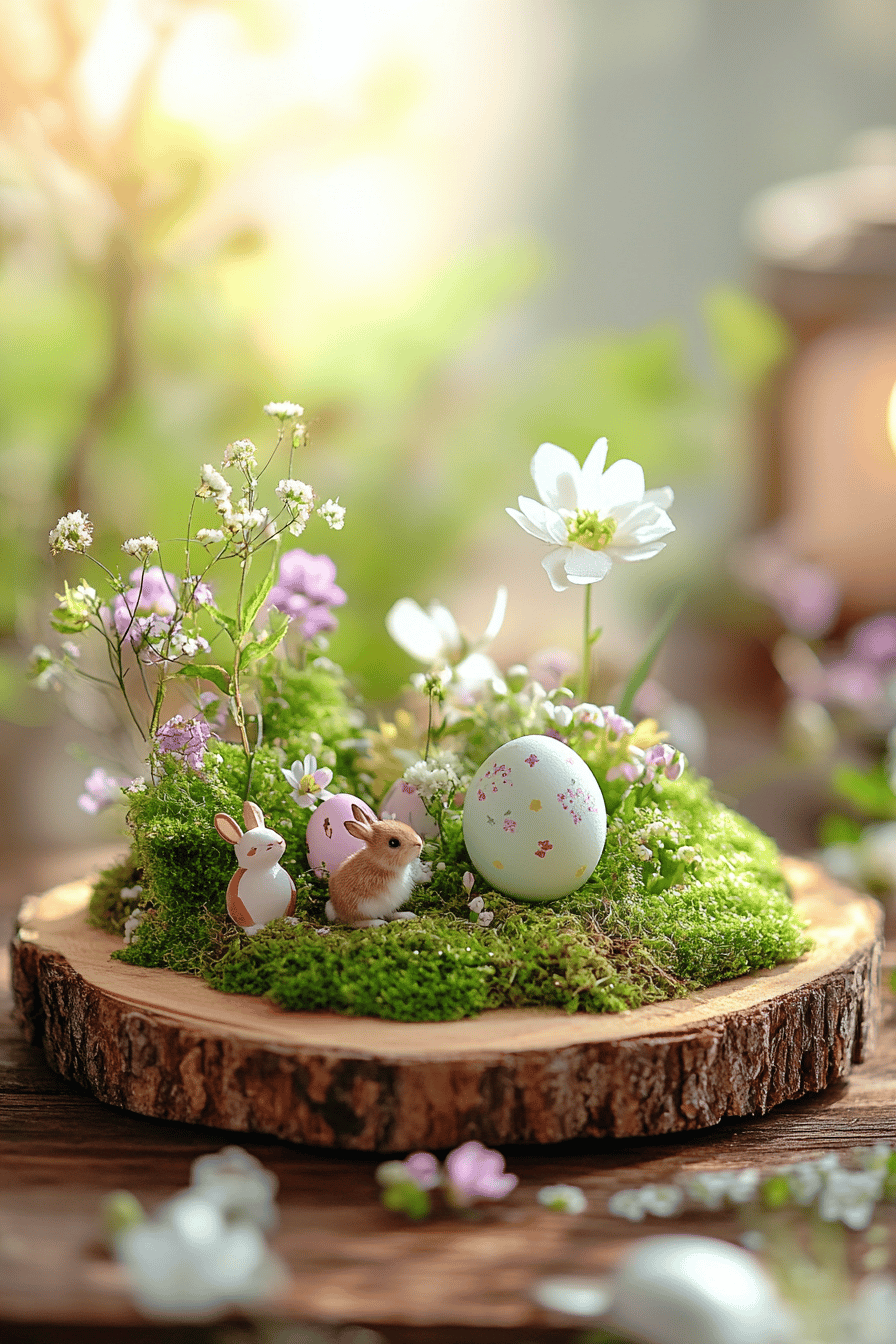 Miniatur-Ostergarten auf einer Baumscheibe mit Moos, Blumen, bemaltem Ei und kleinen Hasenfiguren.