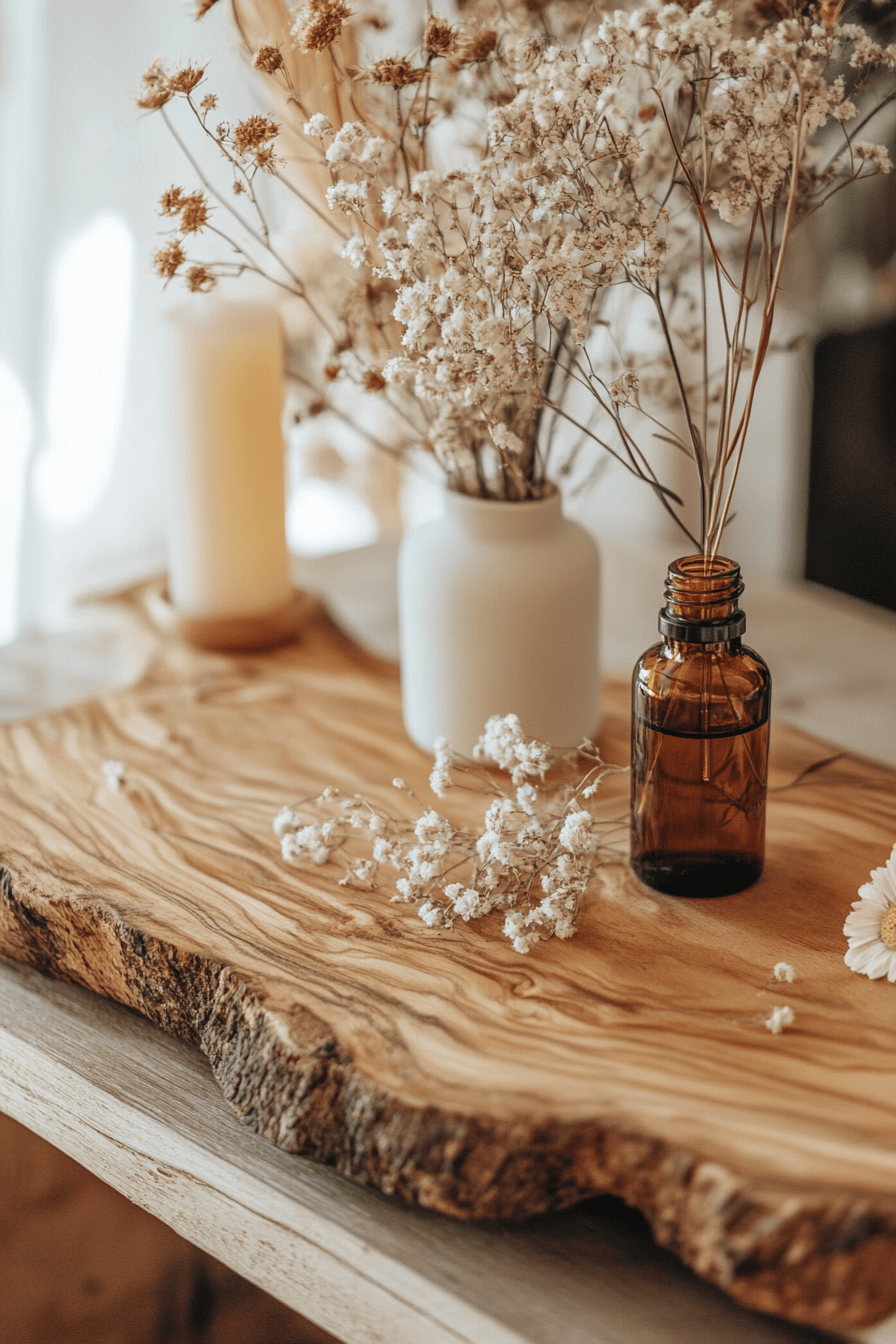 Baumscheibe mit getrockneten Blumen und einem Fläschchen ätherischen Öls.