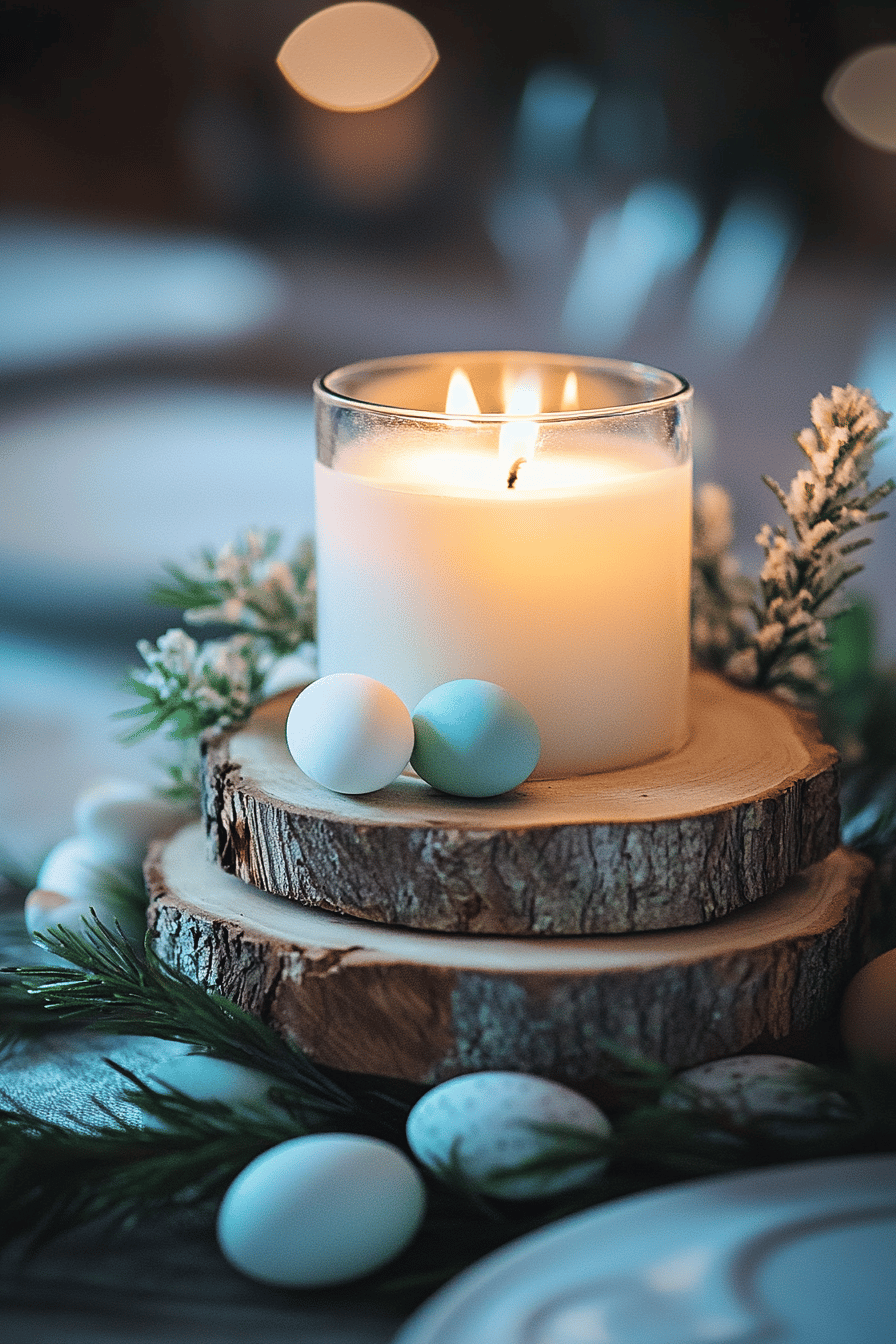 Kerzenhalter mit weißen Kerzen auf gestapelten Baumscheiben, dekoriert mit Ostereiern.