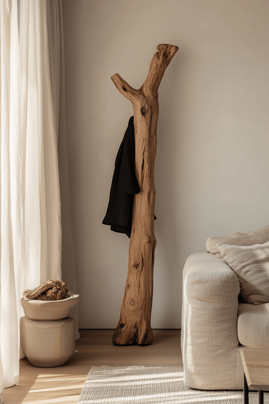 Ein rustikaler Garderobenständer aus einem natürlichen Baumstamm neben einem Sofa.