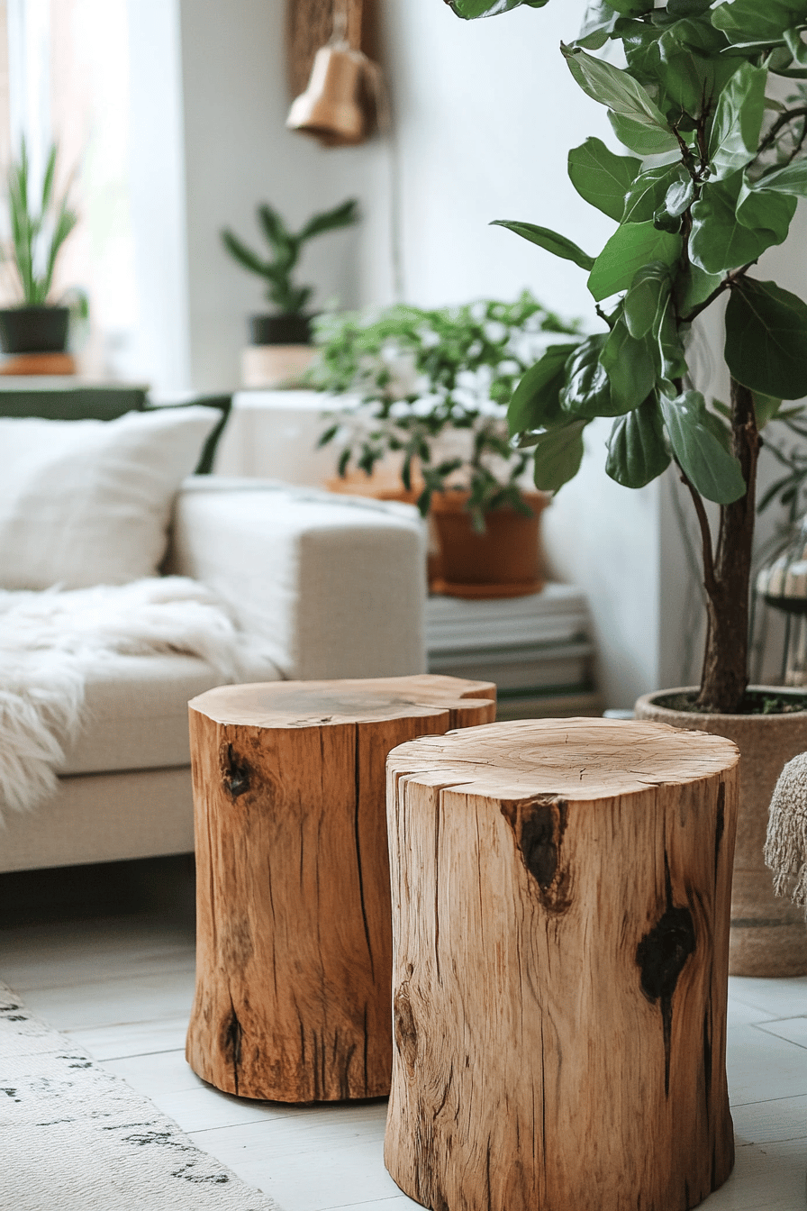 Zwei Beistelltische aus Baumstämmen neben einem Sofa und Pflanzen.