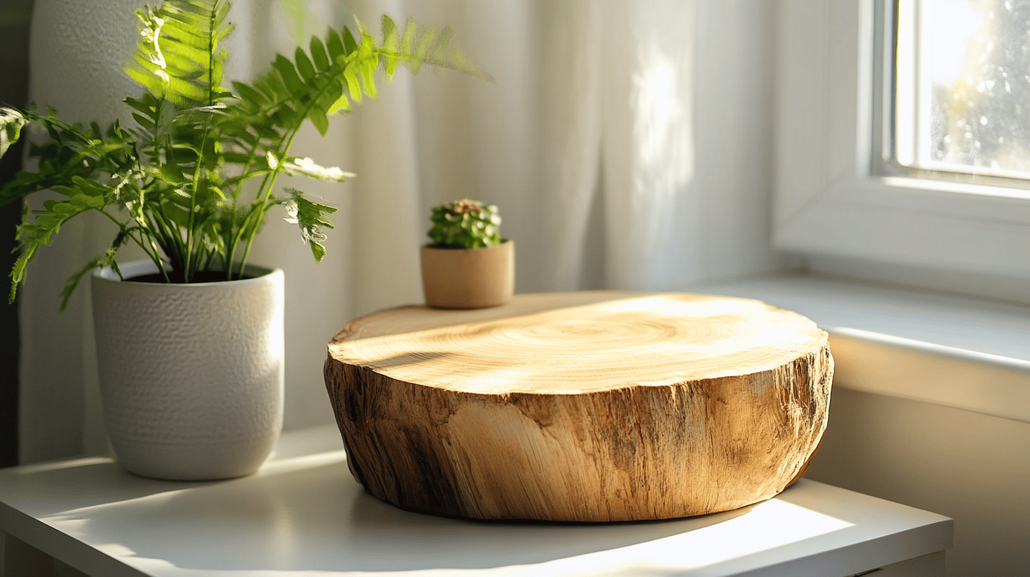 Pflanze neben Holzscheibe auf Fensterbank