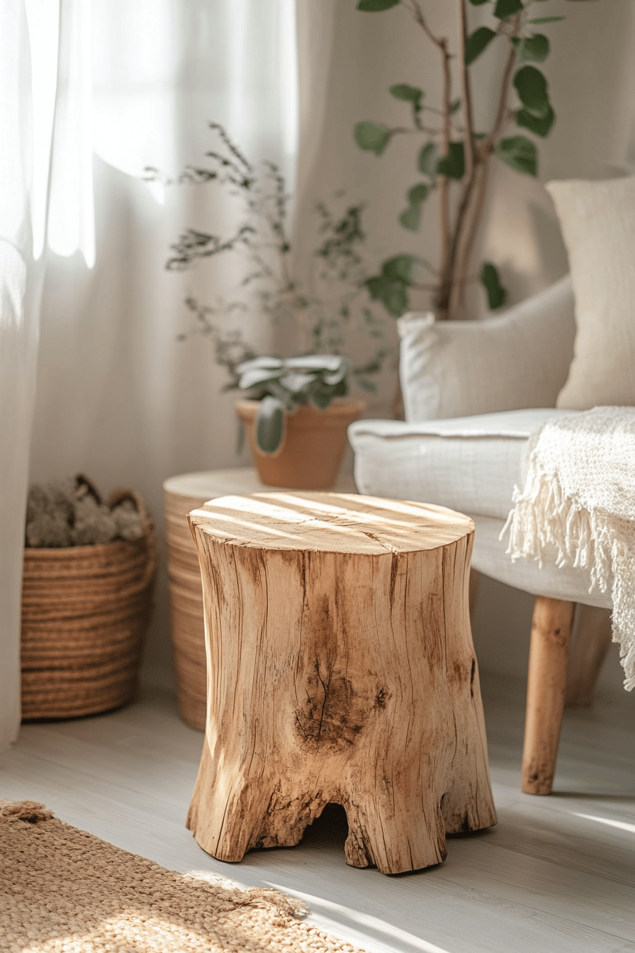 Ein gemütlicher Hocker aus einem Baumstamm in einem hellen und einladenden Wohnzimmer.