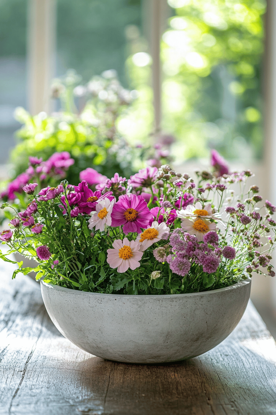 Betonschale mit bunten Frühlingsblumen auf einem Holztisch.