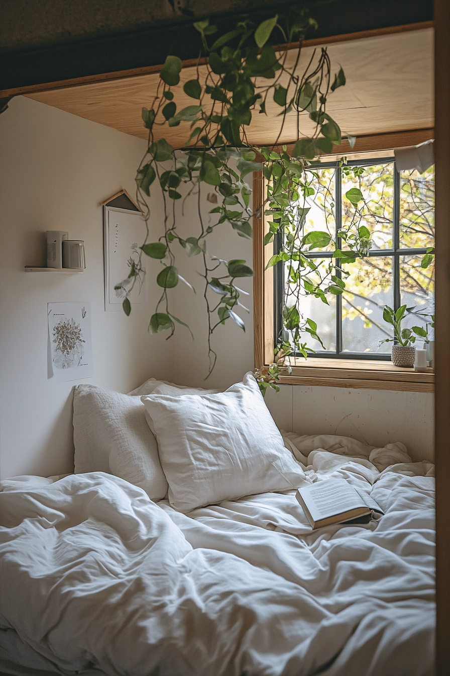 Ein gemütliches Bett unter einem Fenster mit hängenden Pflanzen und einem aufgeschlagenen Buch.