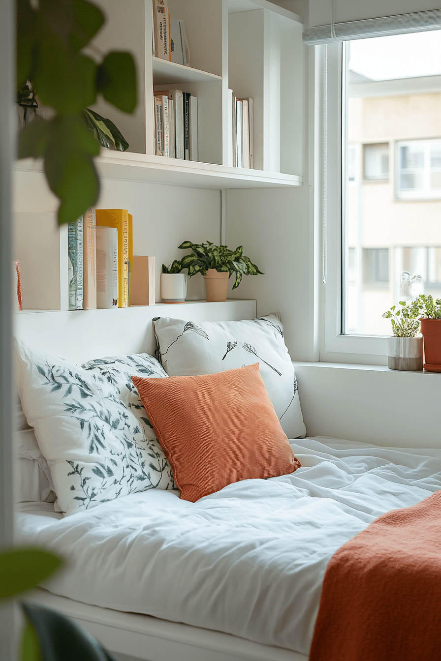Gemütliches Bett in einem kleinen Raum mit Kissen, Pflanzen und Bücherregal.