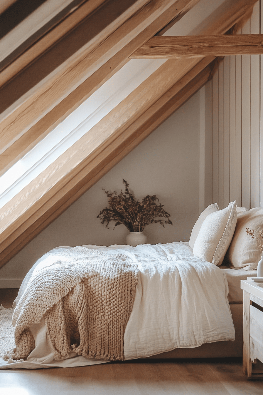 Ein gemütliches Bett unter einer schrägen Dachfläche mit Dekokissen und Strickdecke.