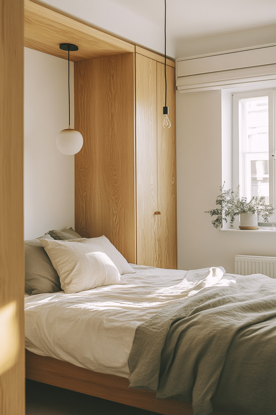 Kompaktes Schlafzimmer mit Bett und angrenzendem Holzschrank.