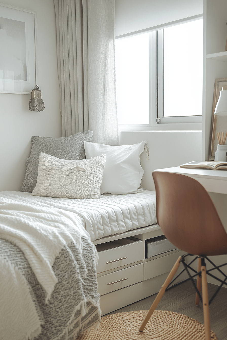 Ein Bett mit Stauraum in einem kleinen, hell gestalteten Zimmer.