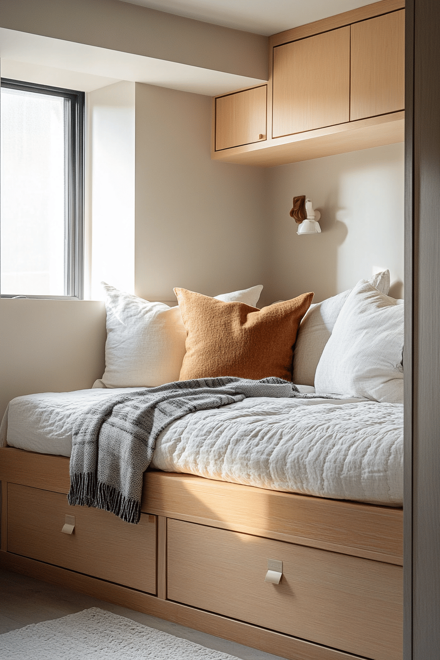 Kompaktes Bett mit integrierten Schubladen unter einem Fenster, dekoriert mit Kissen und Decken.