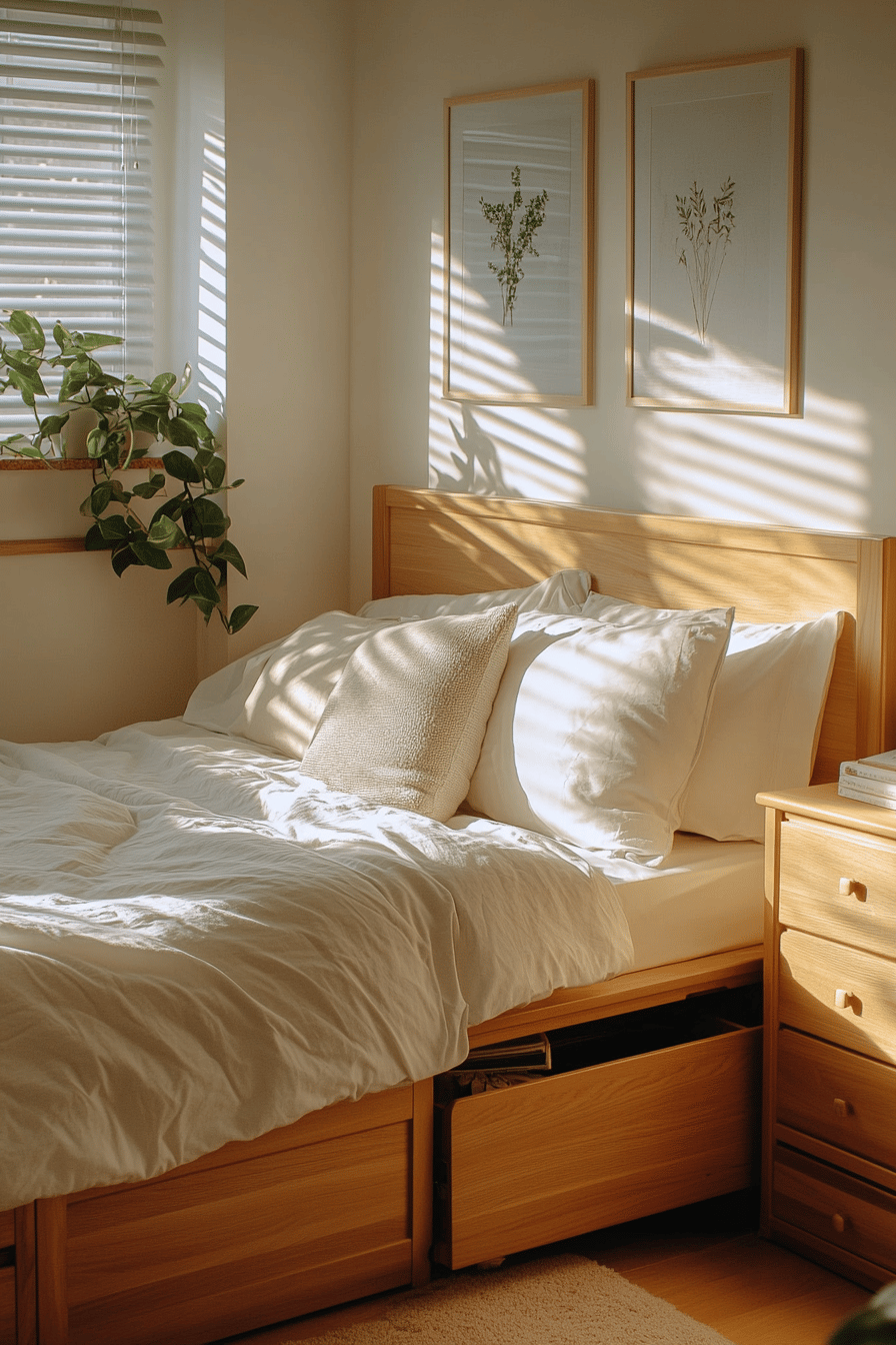 Holzbett mit integriertem Stauraum in einem kleinen, gemütlichen Schlafzimmer.