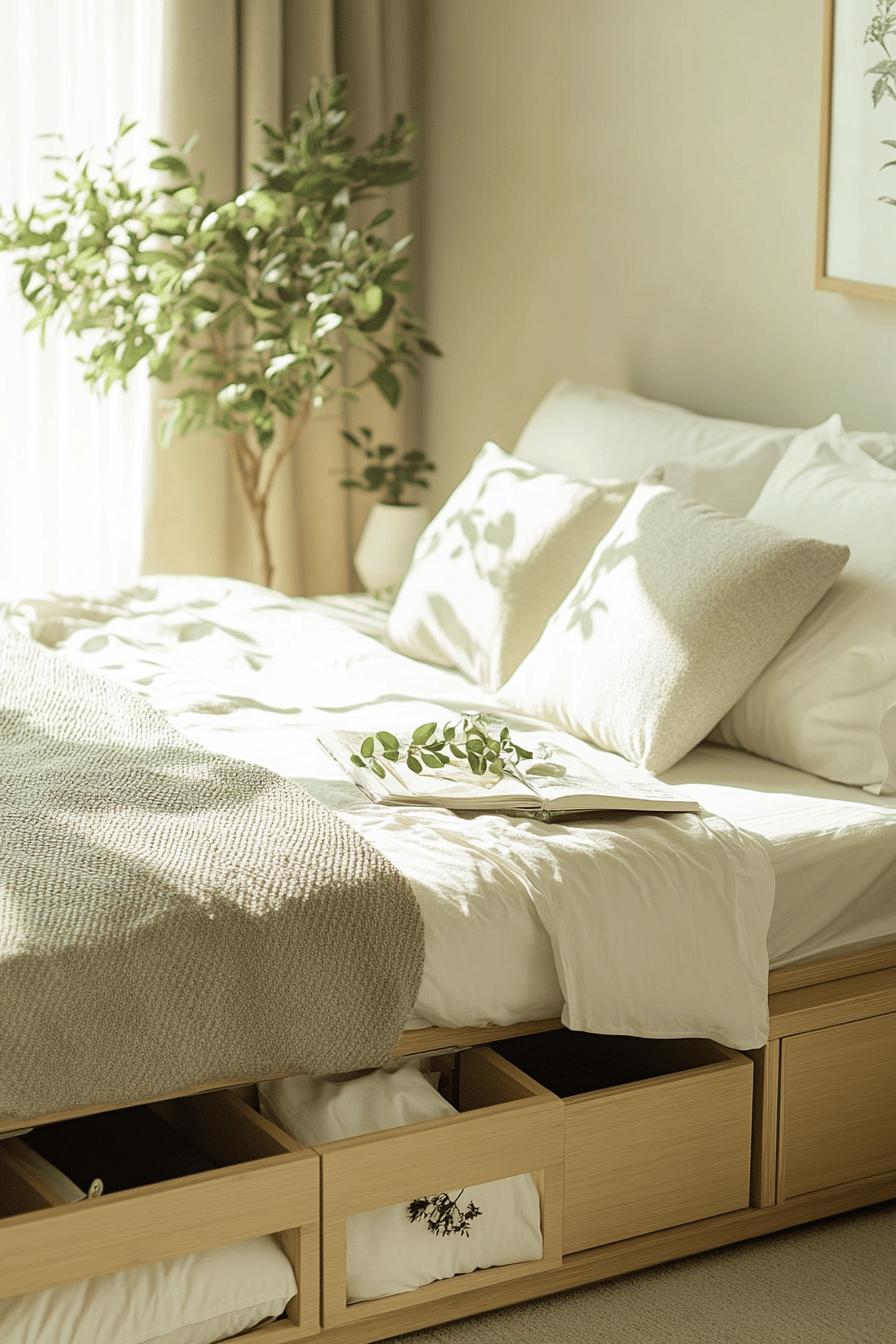 Ein Bett mit hellen Holzschubladen voller Stauraum, umgeben von weichen Kissen und einer Pflanze.