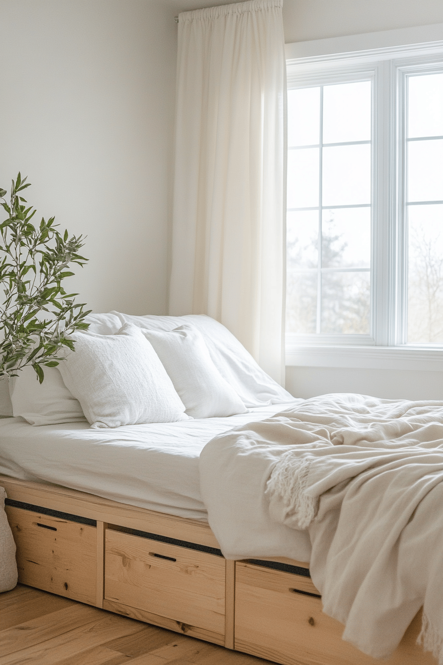 Bett mit integrierten Holzschubladen in einem hellen Raum.