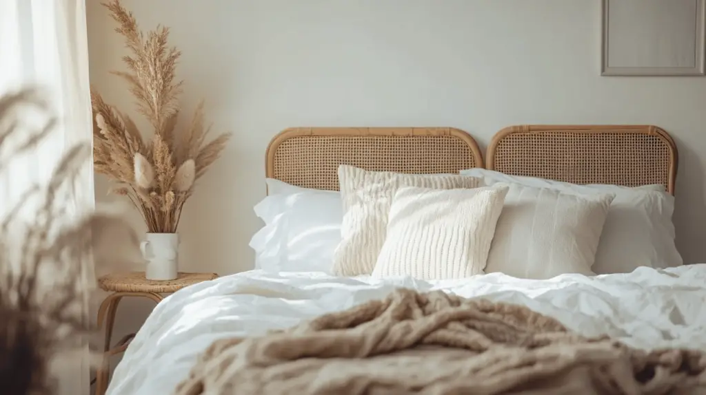 Gemütliches Schlafzimmer mit Rattanbett und Kissen