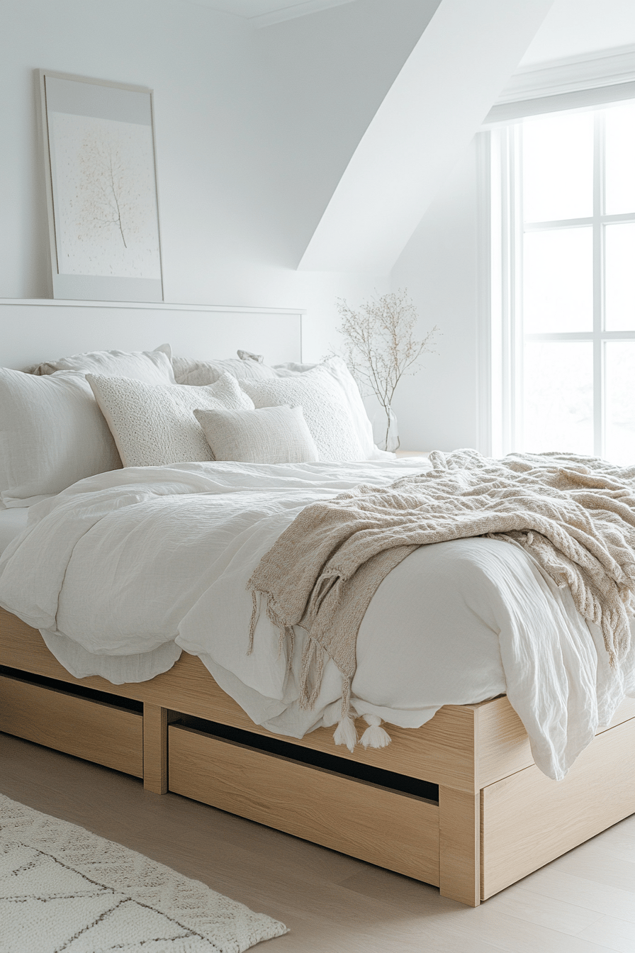 Gemütliches Schlafzimmer mit Bett und hölzernem Stauraumpodest.