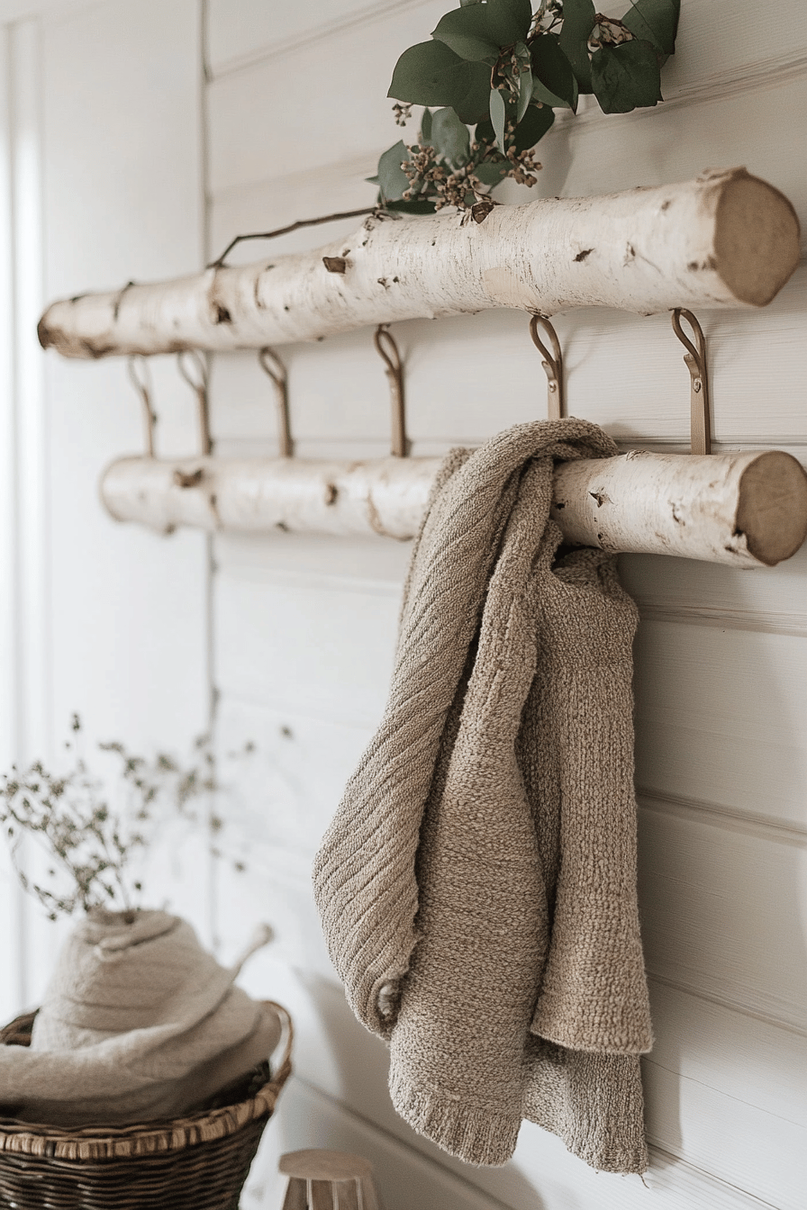 Garderobe aus Birkenstämmen mit Haken und einem Pullover darauf.