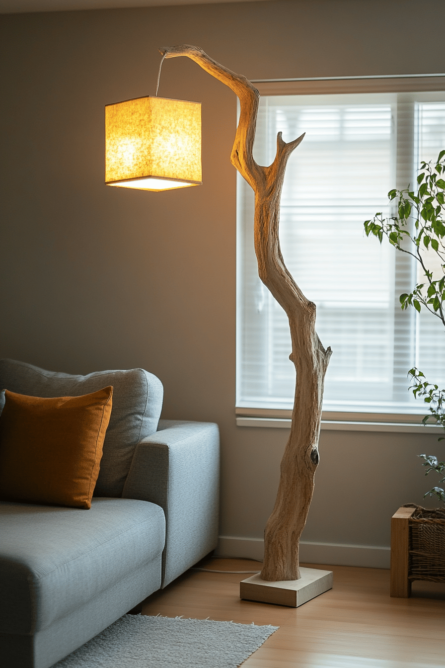 Eine elegante Stehlampe mit einem Birkenholzschaft in einem gemütlichen Wohnzimmer.
