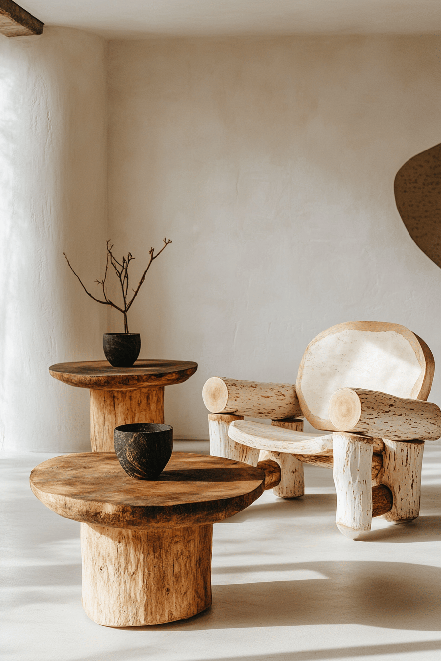 Holzmöbel aus Birkenstämmen in einem modernen Raum mit runden Tischen und Sessel.