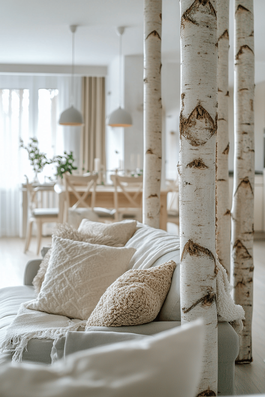 Birkenstämme als Raumteiler in einem offenen Wohnbereich mit gemütlicher Couch.
