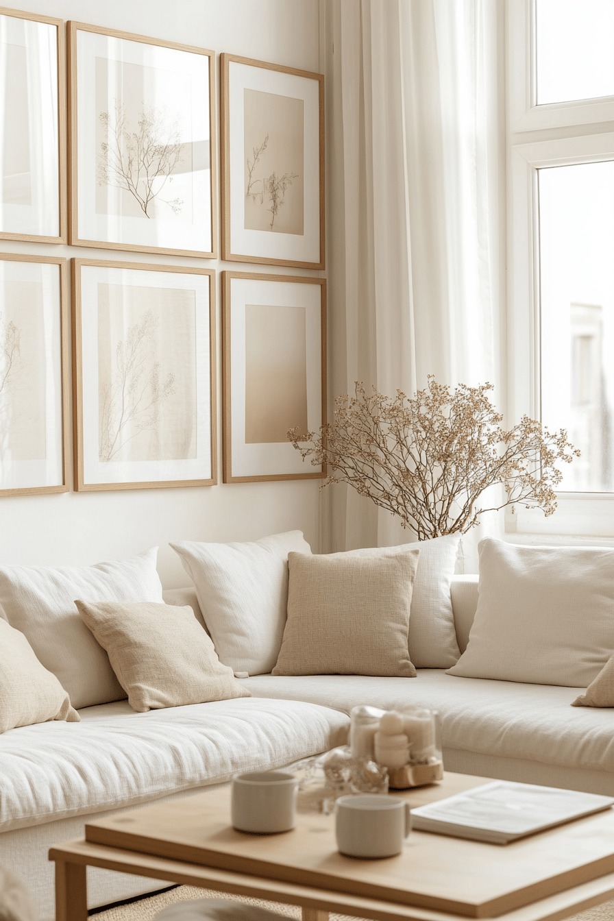 Modernes Wohnzimmer mit Birkenstamm-Bildern an der Wand und beigen Kissen.