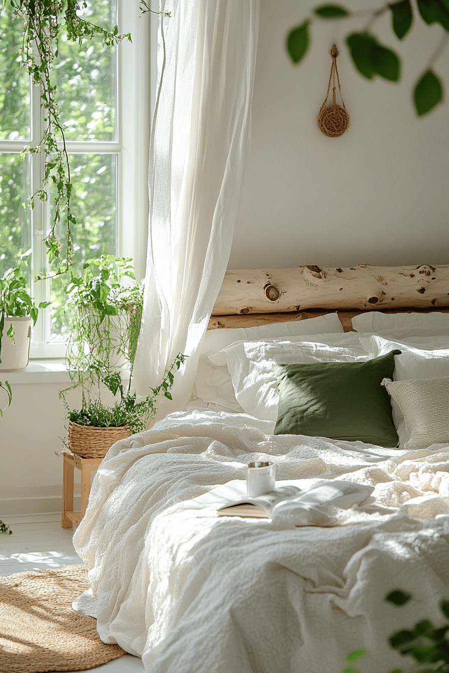 Schlafzimmer mit Birkenstamm Kopfteil und grüner Dekoration.