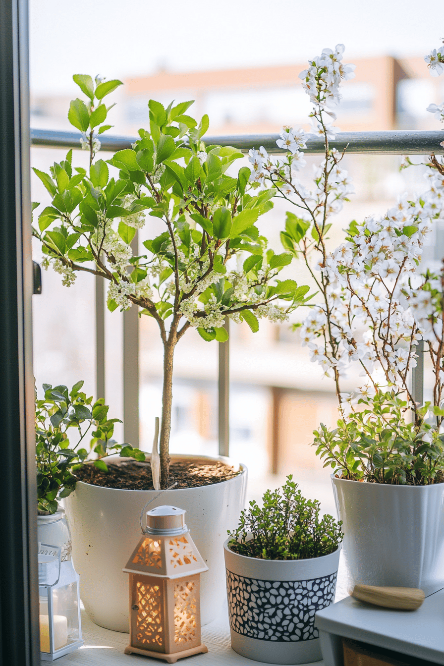 Birnenbäume und Sträucher in Kübeln auf einem Balkon mit Frühlingsdeko und Laternen.