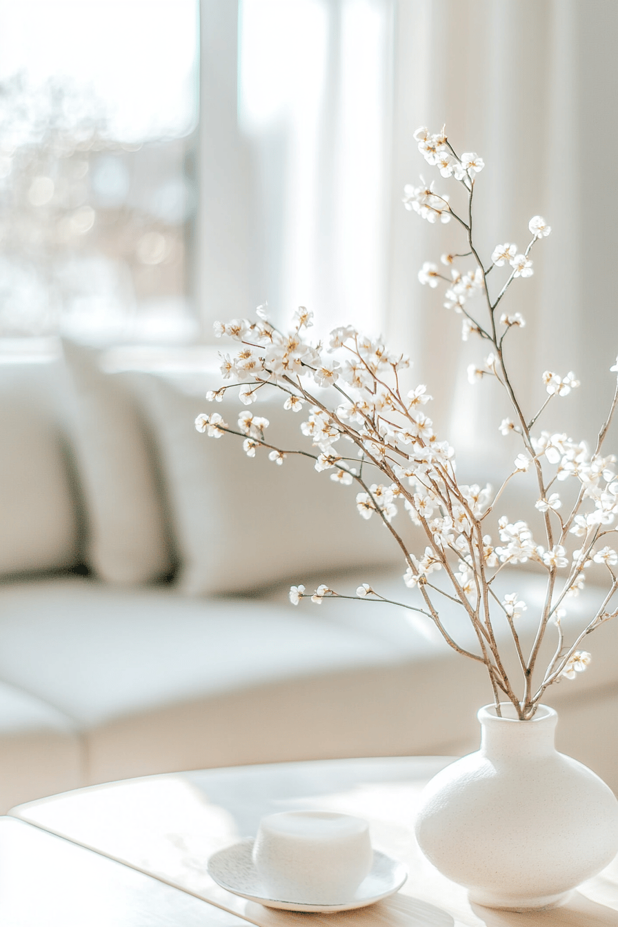 Elegante Vase mit weißen Blütenzweigen auf einem Holztisch im Wohnzimmer.