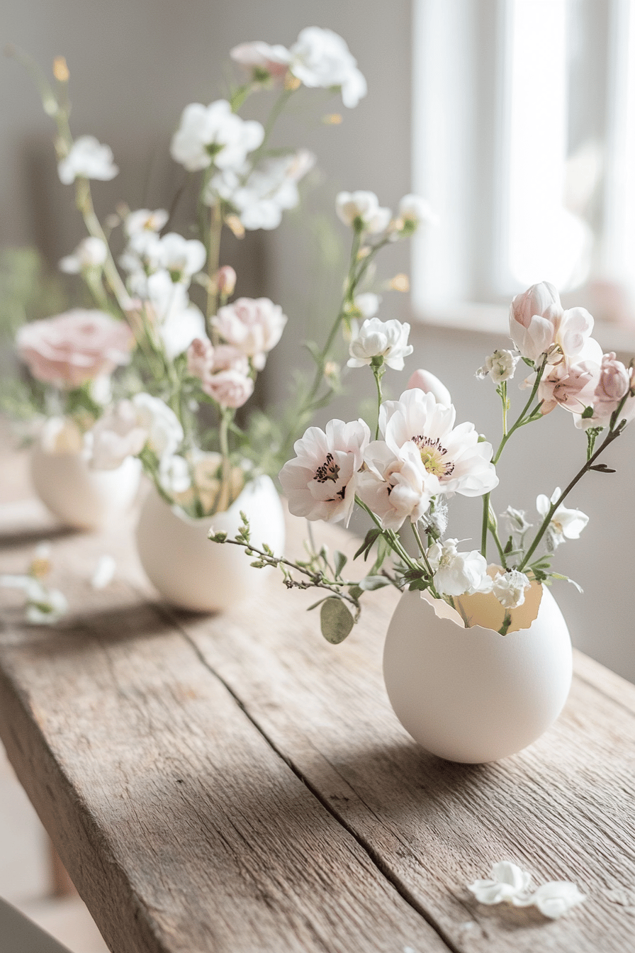 Kleine Blumenarrangements in Eierschalen auf einem Holztisch.