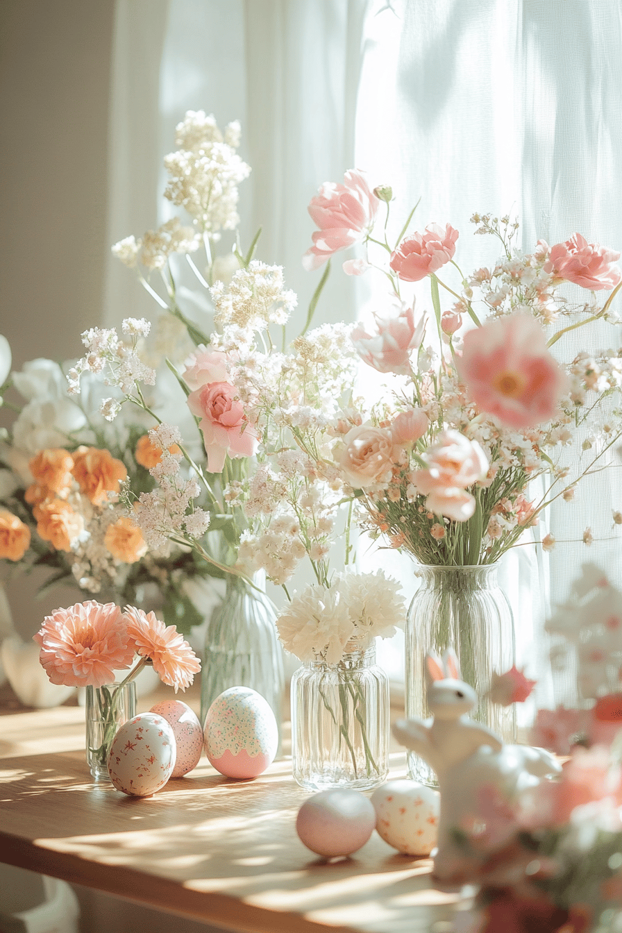 Vasen mit bunten Blumen und dekorativen Ostereiern auf einem Tisch.
