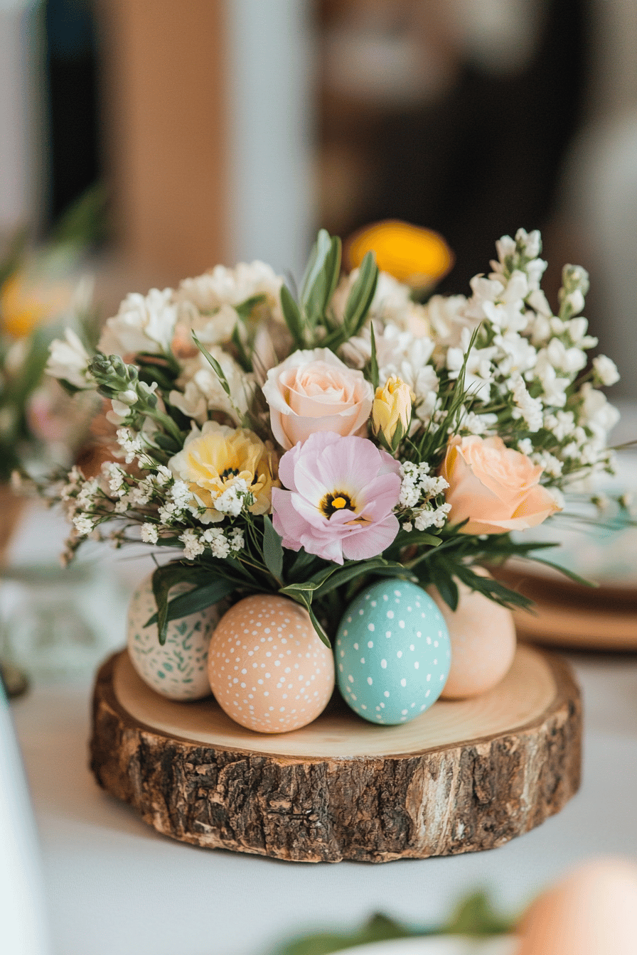 Blumenarrangement auf einer Baumscheibe mit pastellfarbenen Ostereiern.