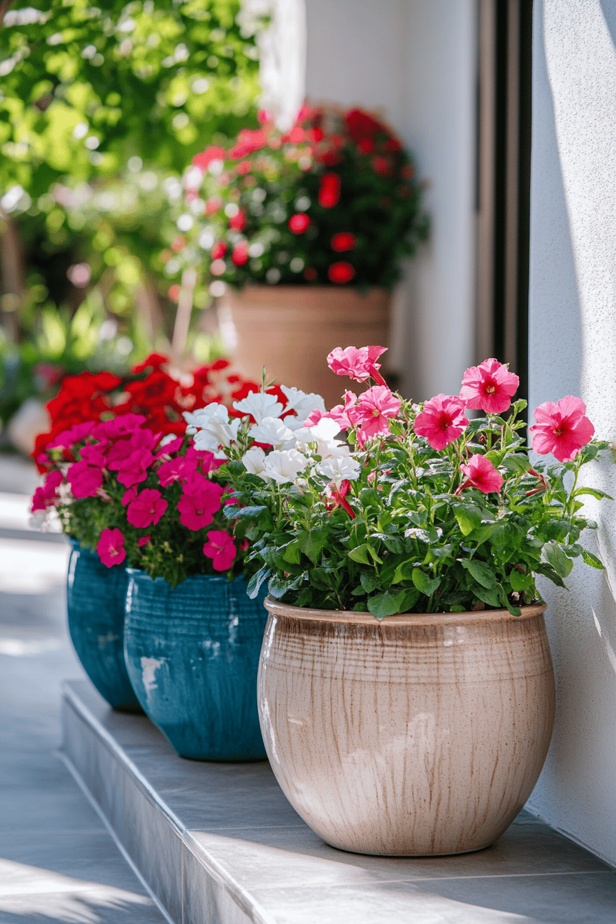 Bunte Blumenkübel mit rosa, roten und weißen Blumen am Hauseingang.