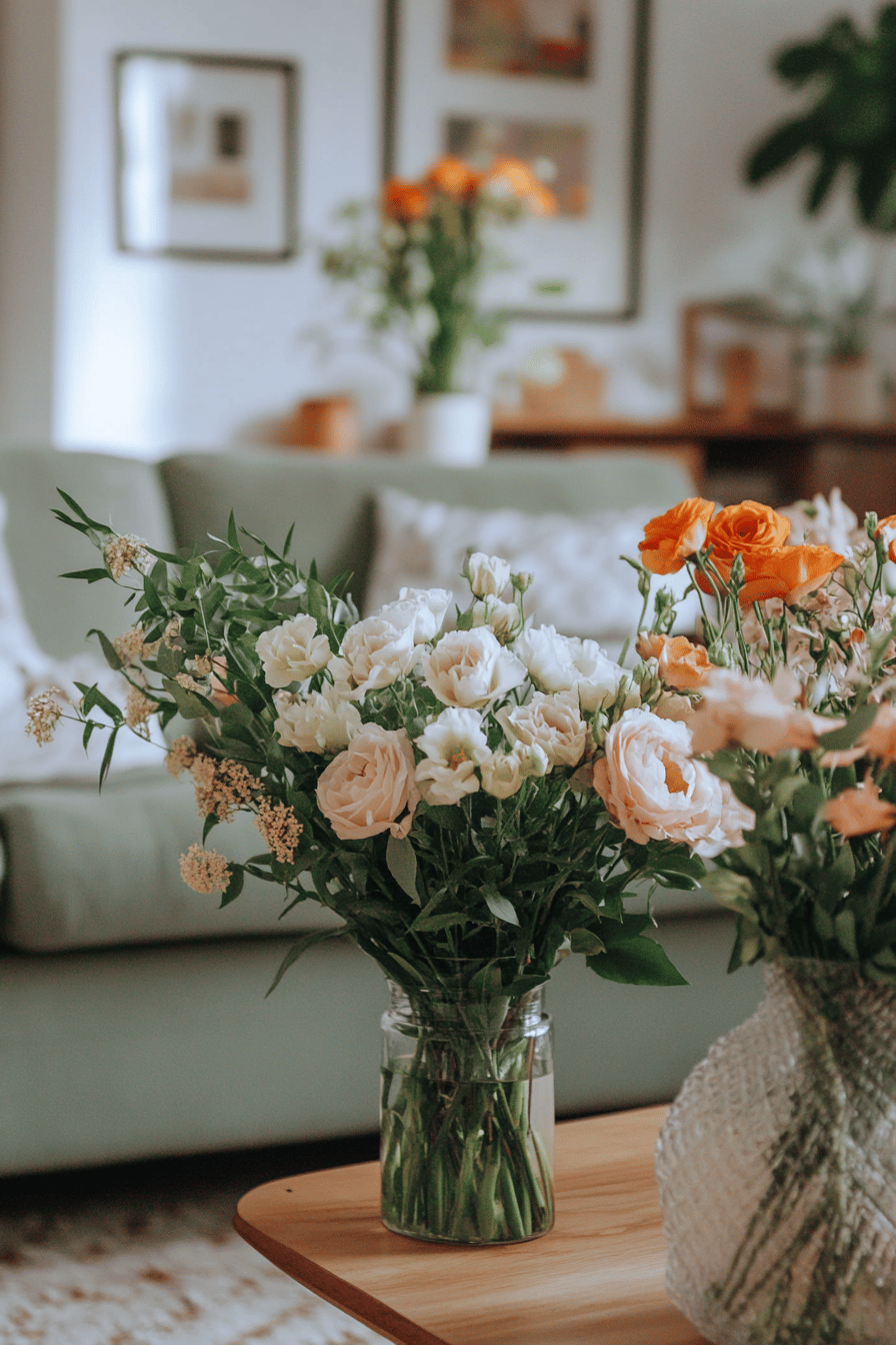 Ein Wohnzimmer mit verschiedenen Blumensträußen auf dem Tisch.