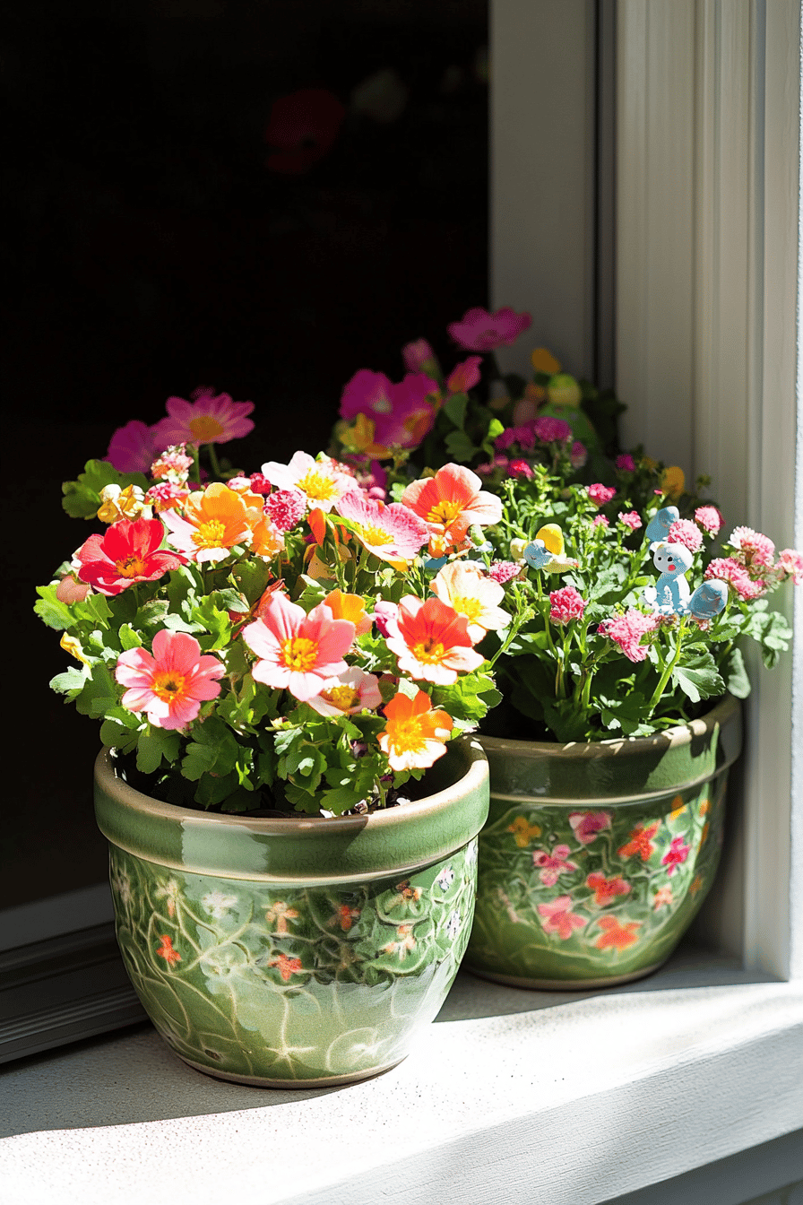 Zwei bunte Blumentöpfe mit Frühlingsblumen in voller Blüte.