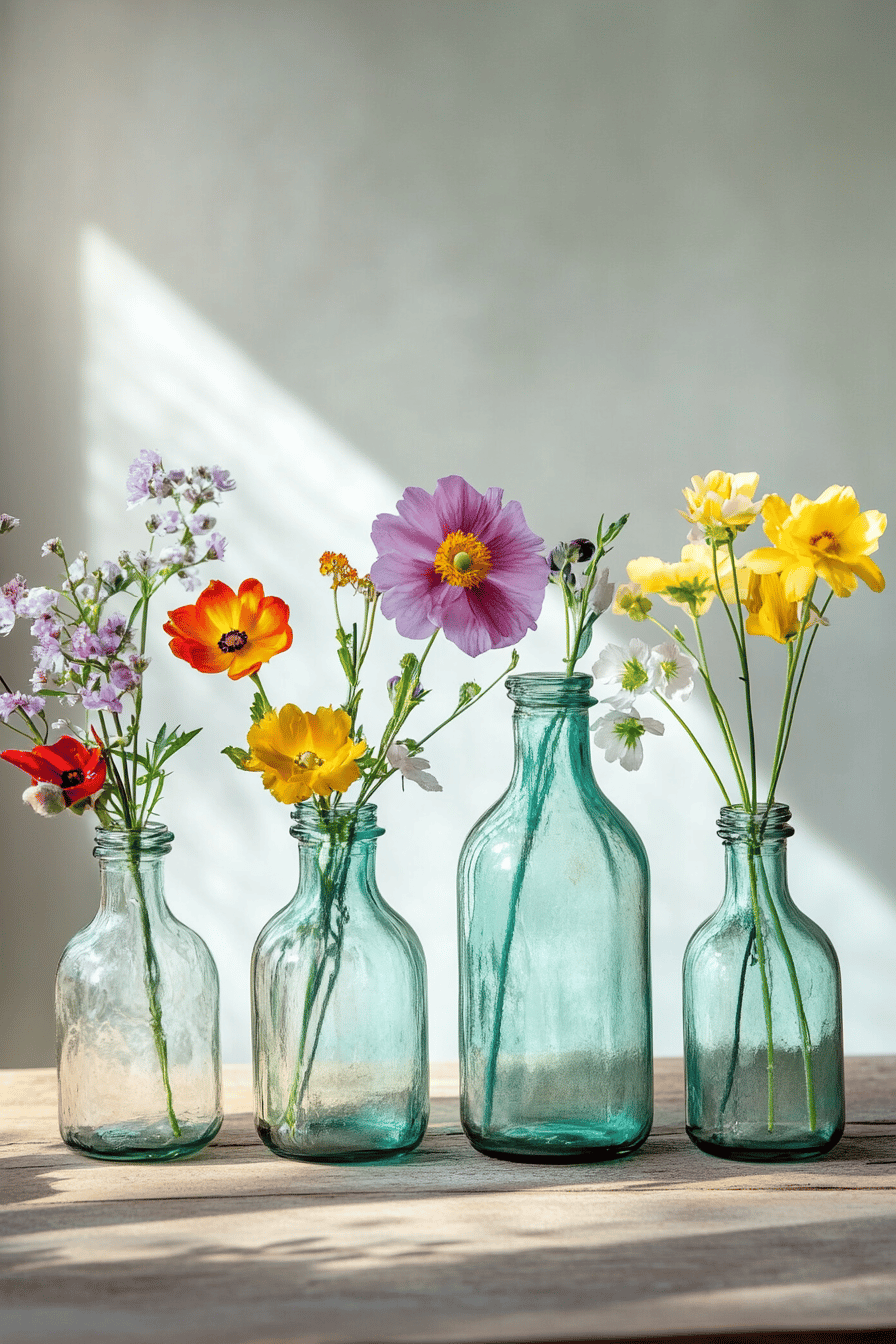 Vier alte Glasflaschen als Vasen mit bunten Frühlingsblumen.