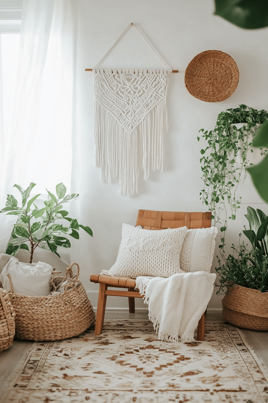 Ein gemütlicher Raum mit Makramee-Wandbehang, Rattanmöbeln und grünen Pflanzen.