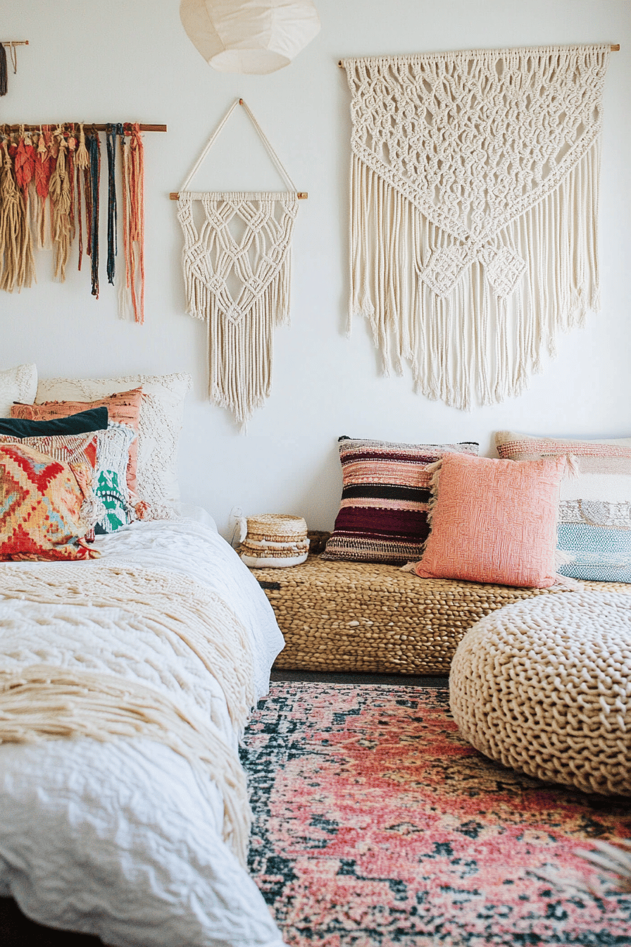 Ein Schlafzimmer mit Boho-Dekorationen, darunter Makramee, farbenfrohe Kissen und ein gewebter Teppich.