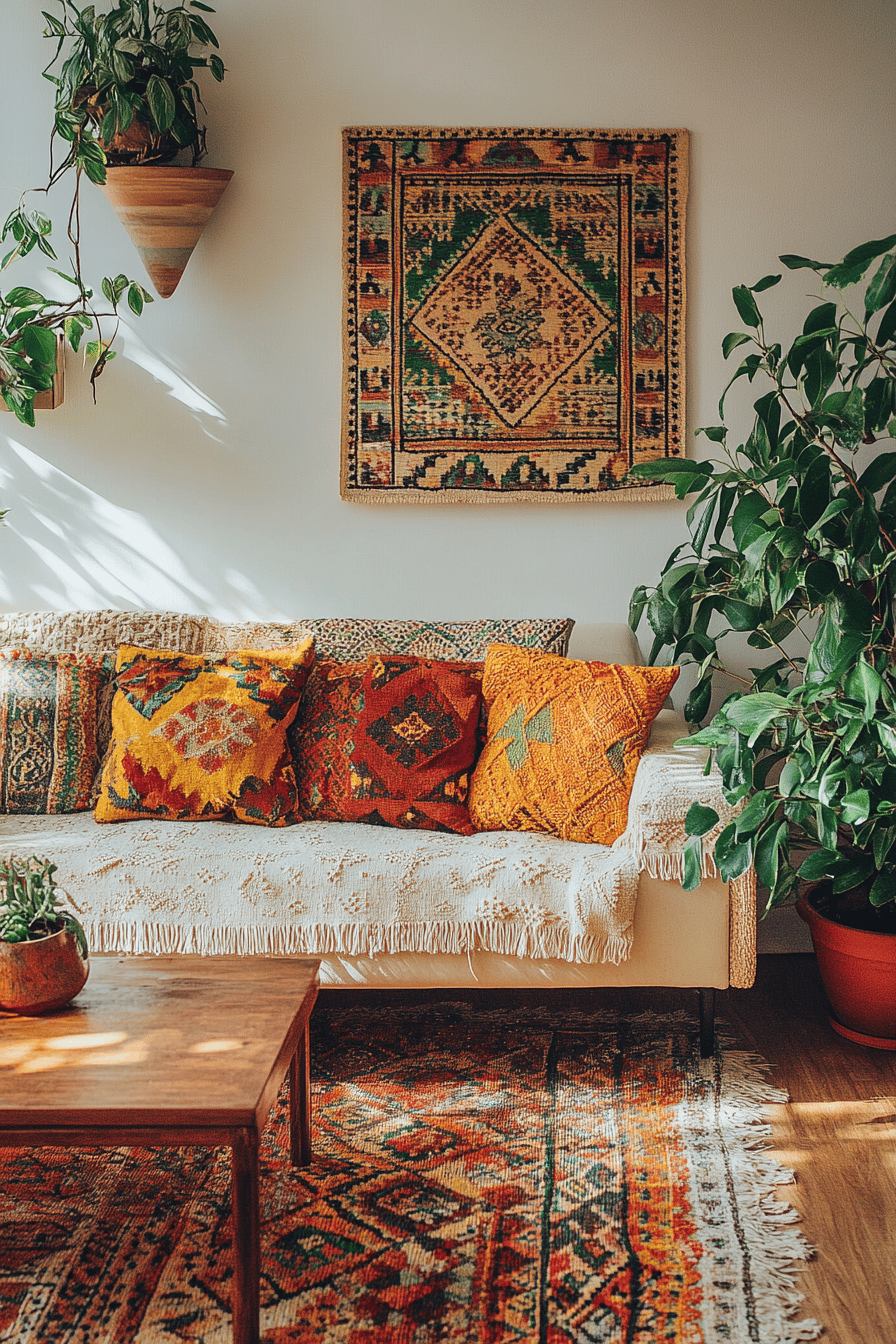 Gemütliches Wohnzimmer im Boho-Stil mit ethnischen Mustern.