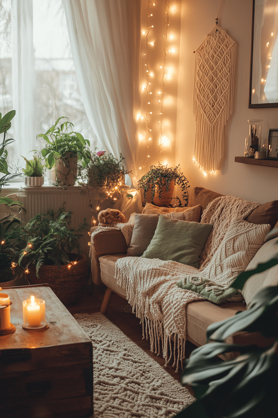 Gemütliches Wohnzimmer mit Lichterketten und Pflanzen im Boho-Stil dekoriert.