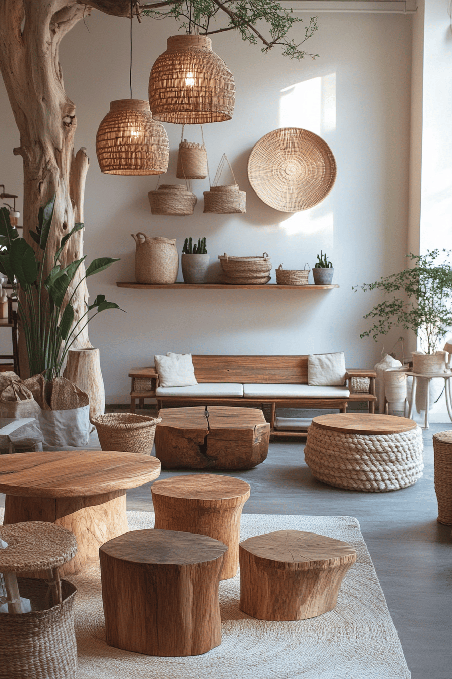 Ein Wohnzimmer mit Naturholz-Möbeln und Boho-Elementen wie Leuchten und Kissen.