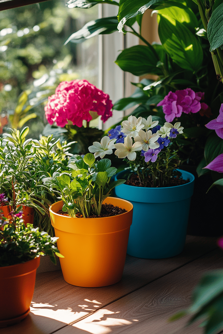 Bunte Blumentöpfe mit verschiedenen Blüten auf einem Balkon.