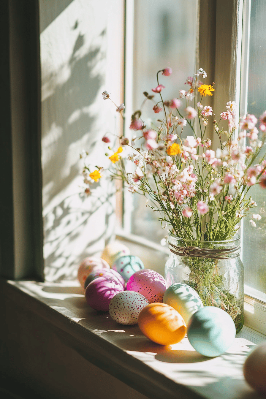 Fensterbank mit bunten Eiern und einem Blumenstrauß in einem Glas.