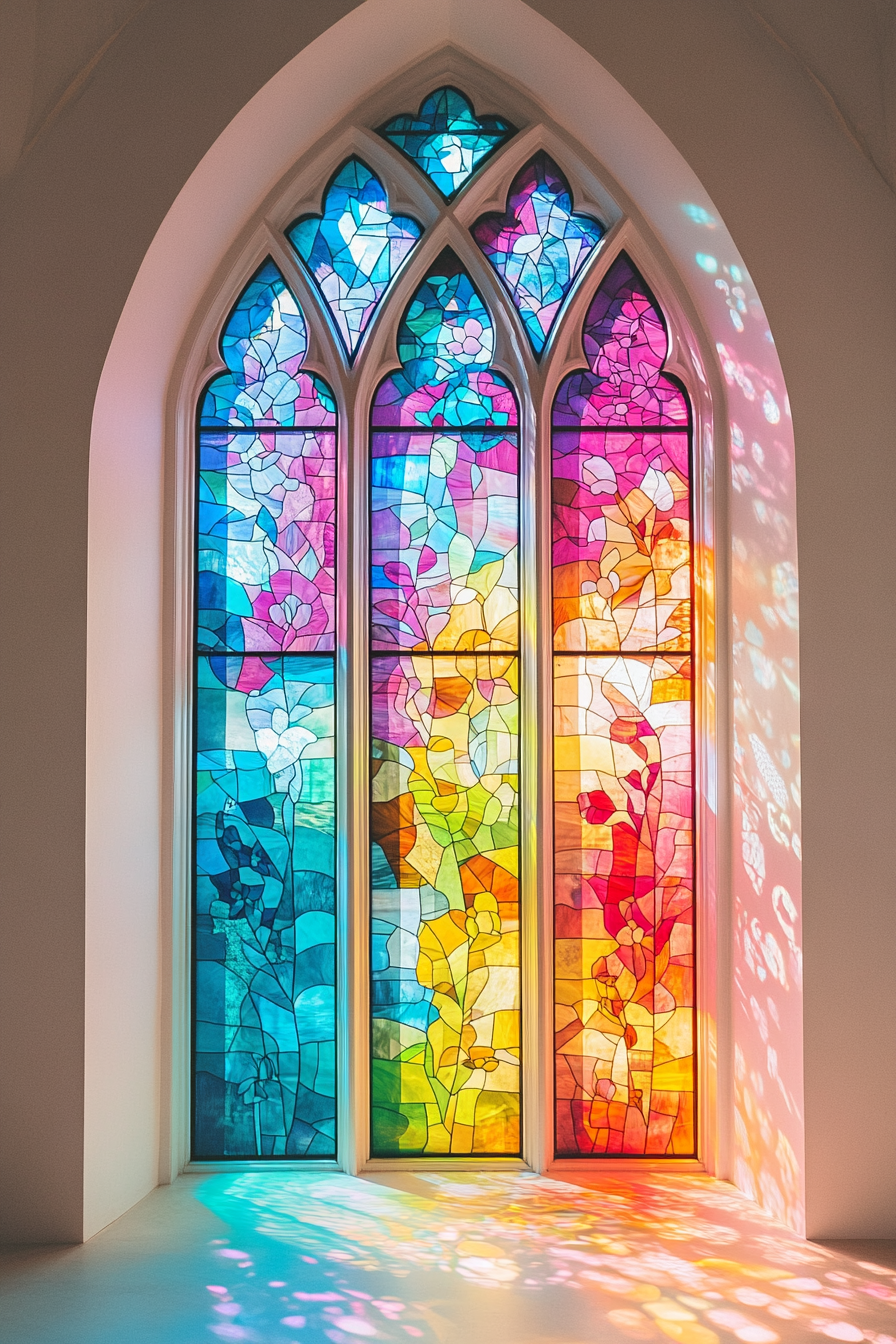 Buntes Kirchenfenster mit Blumenmotiven in verschiedenen Farben.