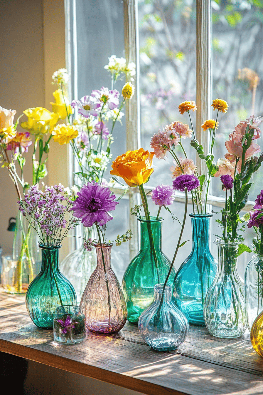 Verschiedene bunte Glasvasen mit frischen Blumen auf einem Fensterbrett.