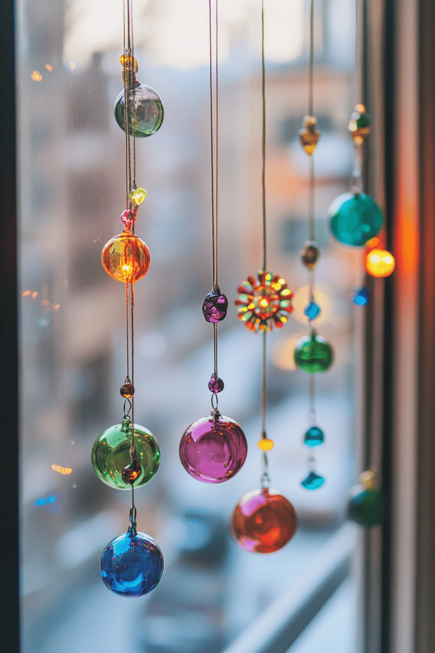 Bunte Sonnenfänger, die am Fenster hängen und Licht reflektieren.